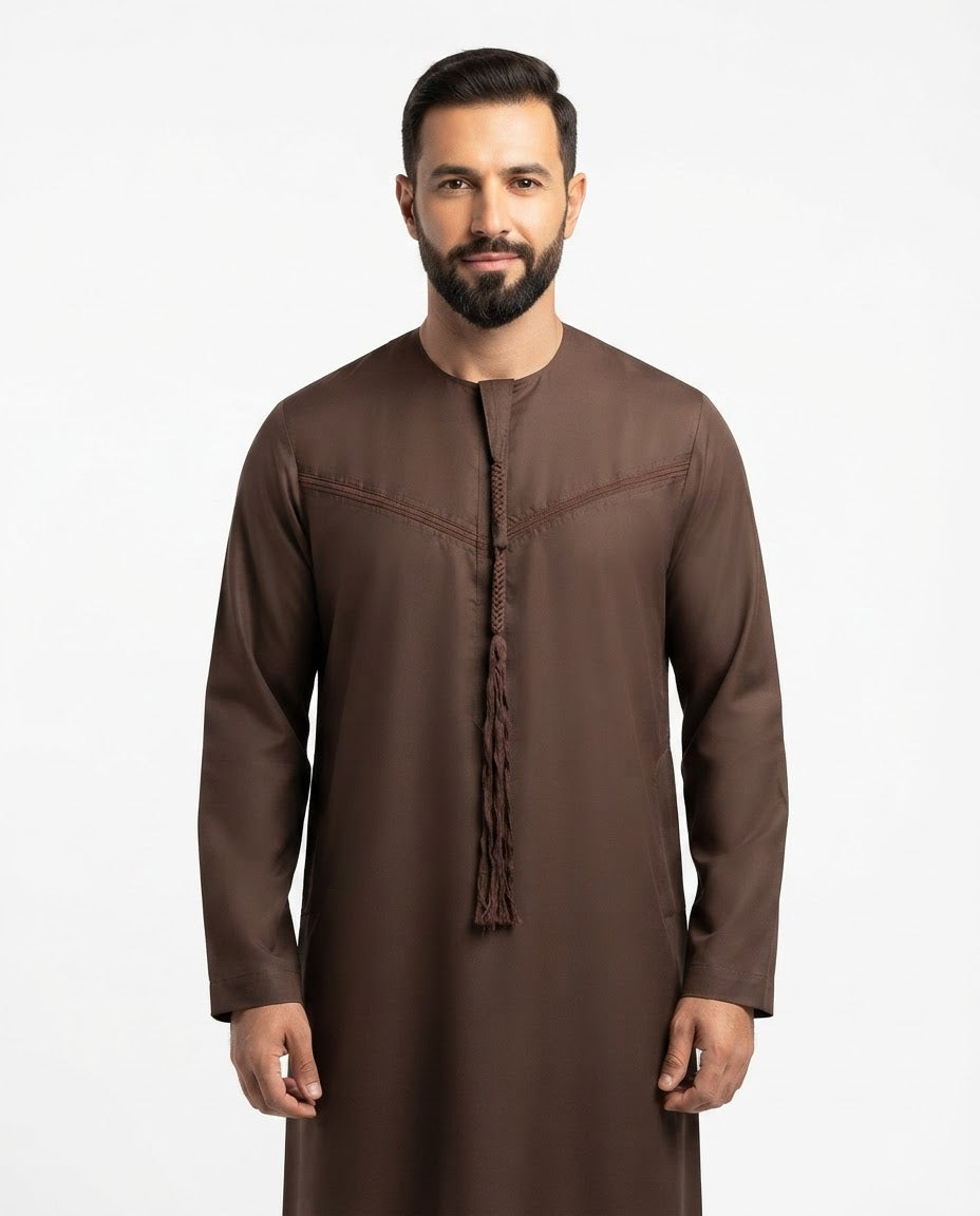 Emirati Mens Omani Thobe - (Embroidery Design 1) - Brown