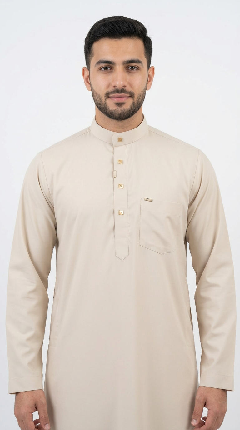 Saudi Collar Thobe Clip - Premium TR Fabric - Beige