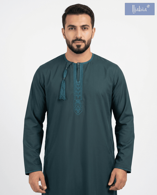 Taj Omani Dishdasha Full Sleeves (Design 2) - Deep Sea Blue