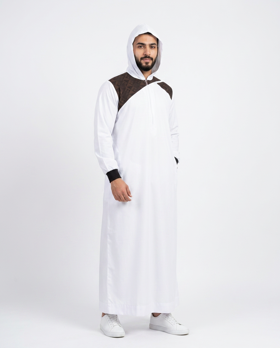 Imported Vietnam Shiny Fabric Mens Hood Thobe - Full Sleeves - White