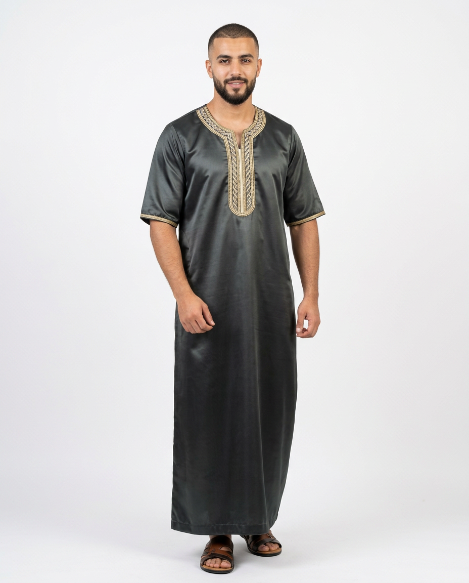 Indian Shiny Fabric Morocco Thobe - 3/4 Sleeves - Best - Black 1