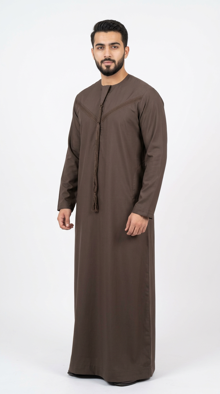 Emirati Mens Omani Thobe - (Embroidery Design 3) - Brown