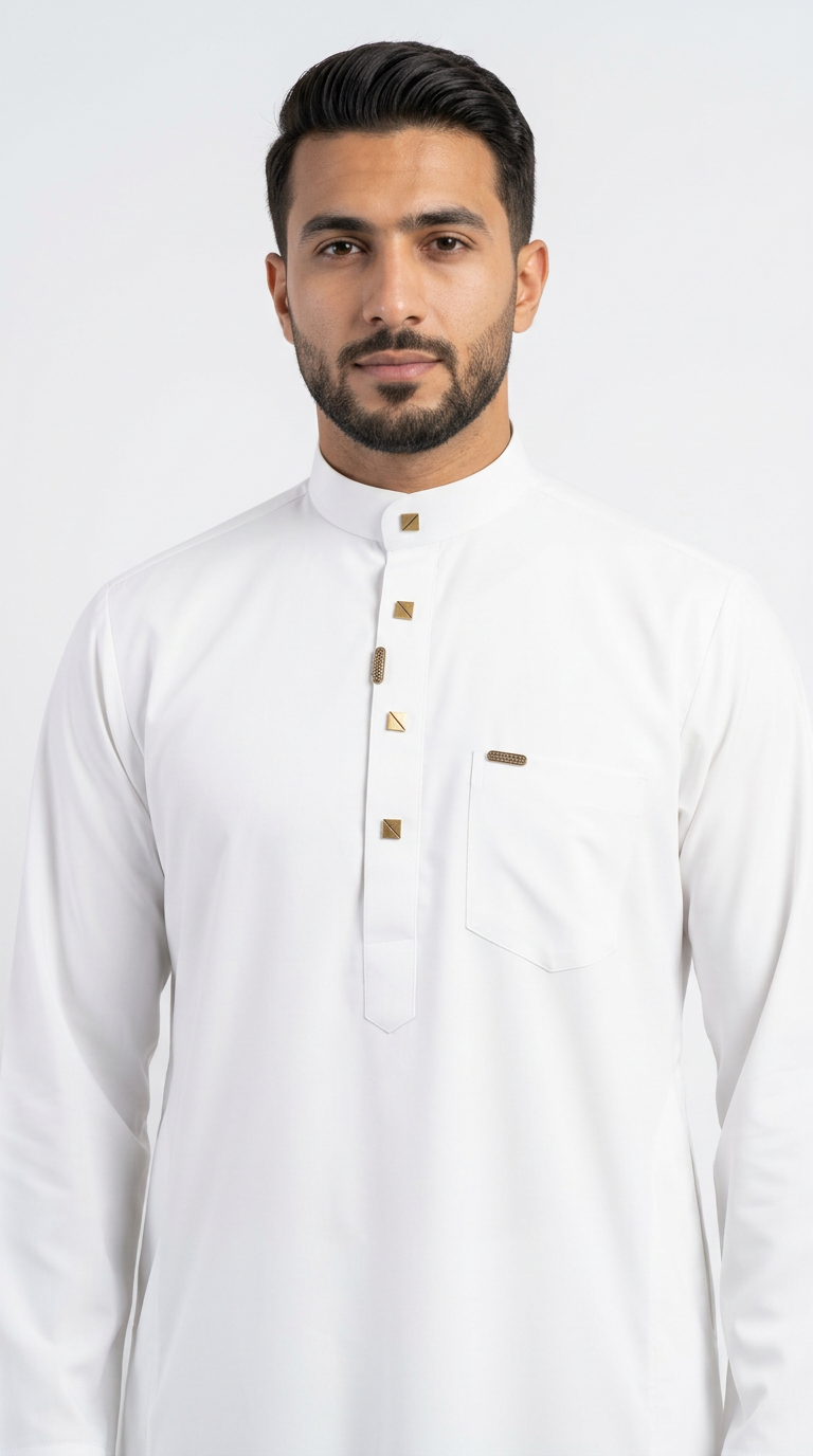 Saudi Collar Thobe Clip - Premium TR Fabric - White