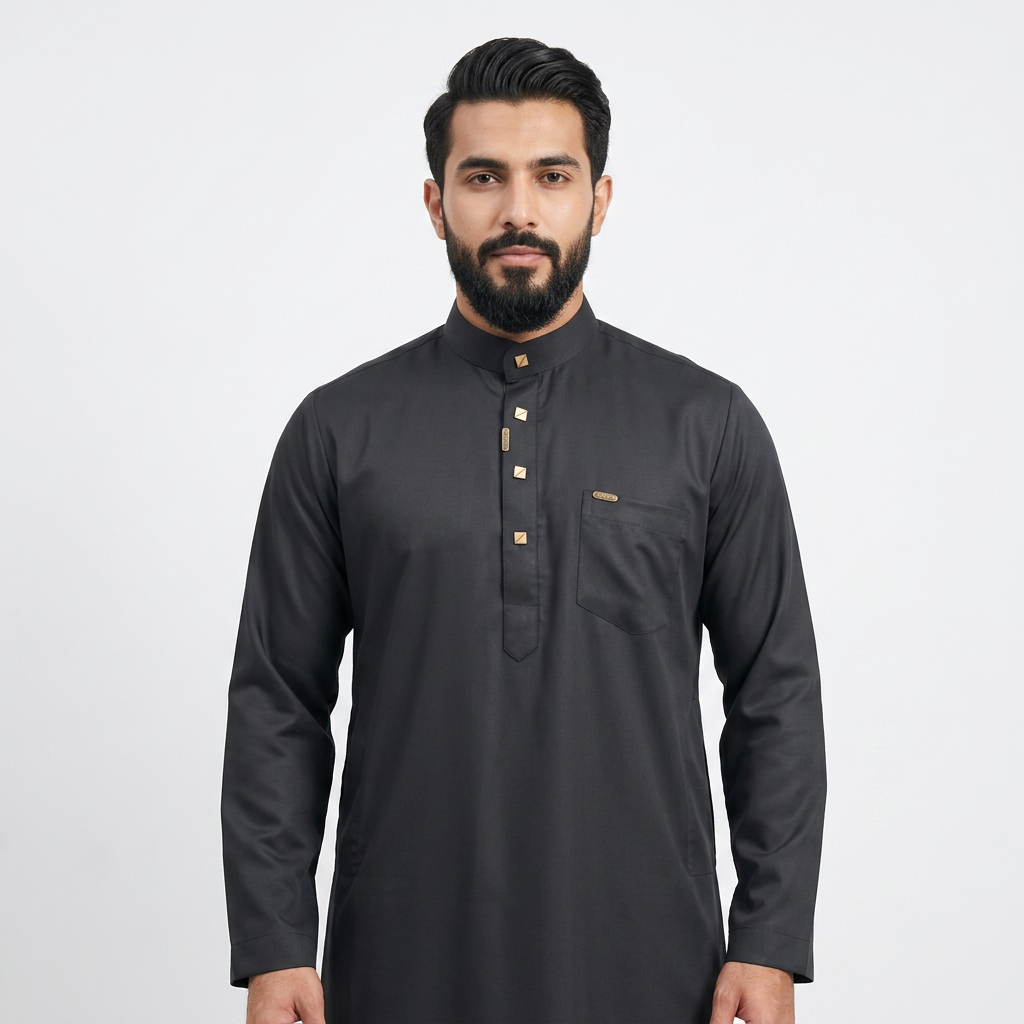 Saudi Collar Thobe Clip - Premium TR Fabric - Black