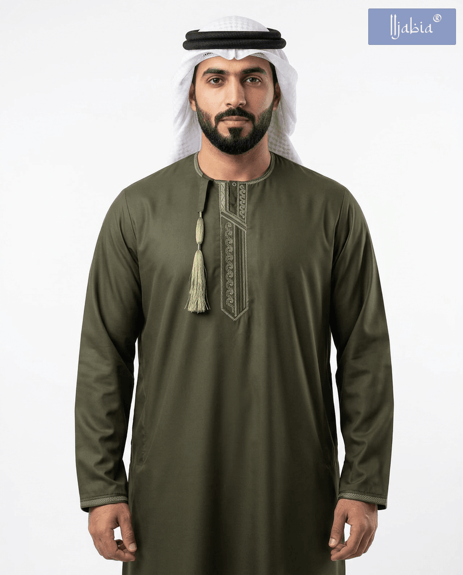 Taj Omani Dishdasha Full Sleeves  Design 3 - Olivegreen
