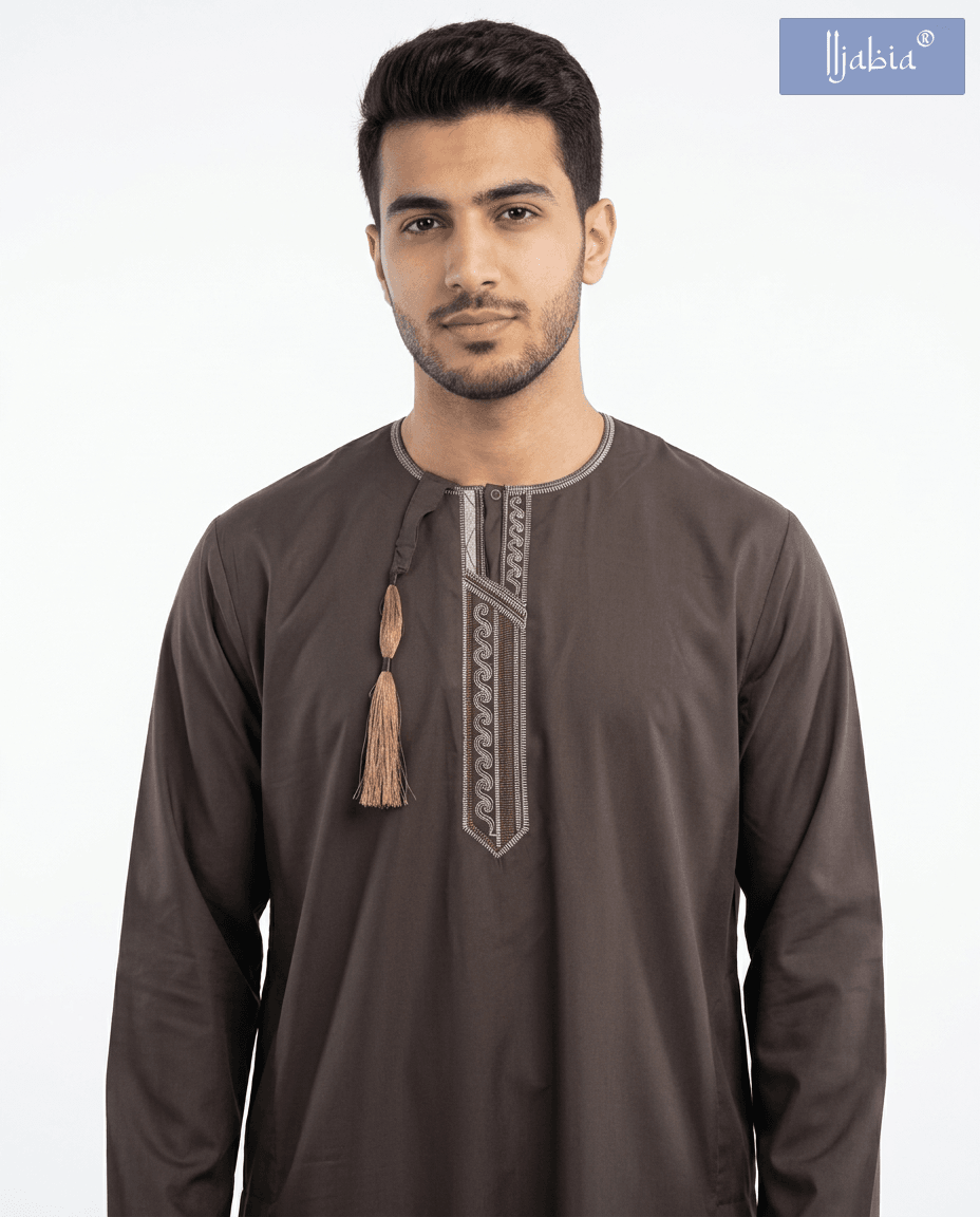 Taj Omani Dishdasha Full Sleeves- (Design 3) - Brown
