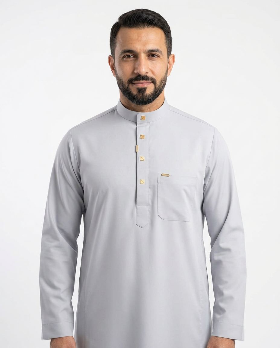 Saudi Collar Thobe Clip - Premium TR Fabric - Light Grey
