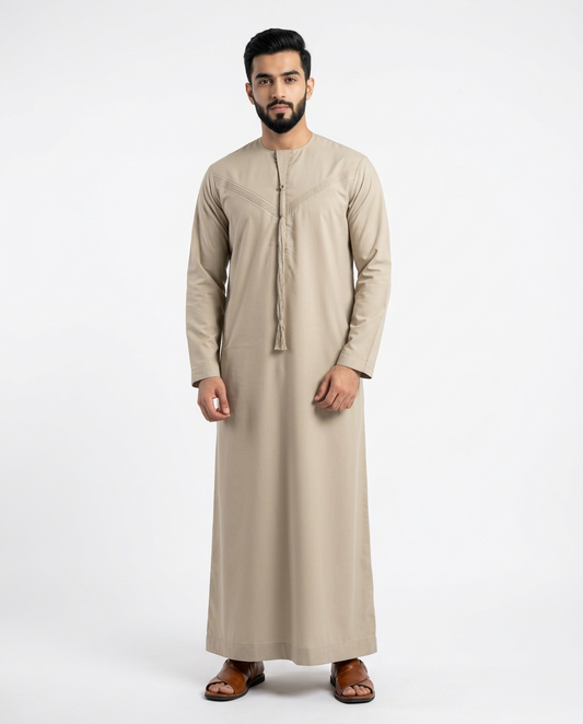 Emirati Mens Omani Thobe - (Embroidery Design 3) - Beige