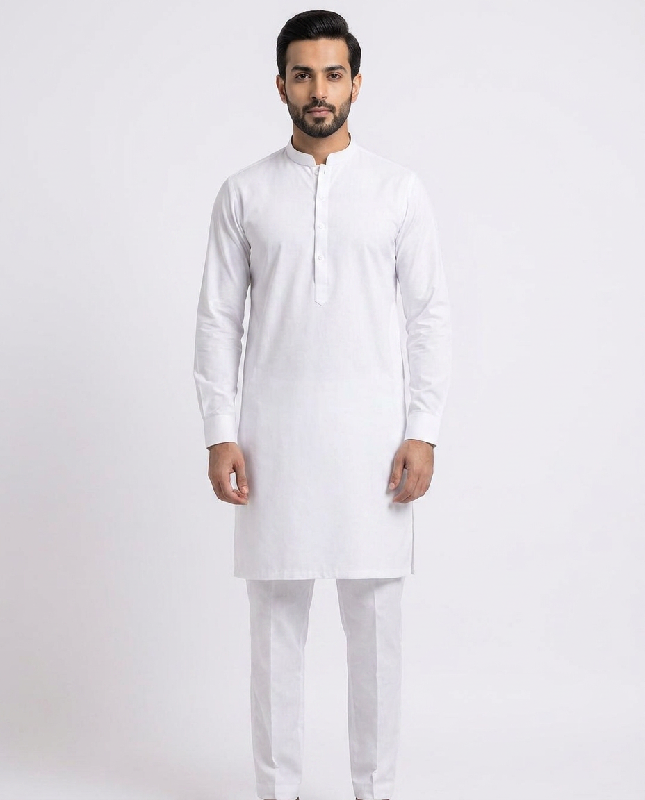 Mens White Kurta and Pyjama Set