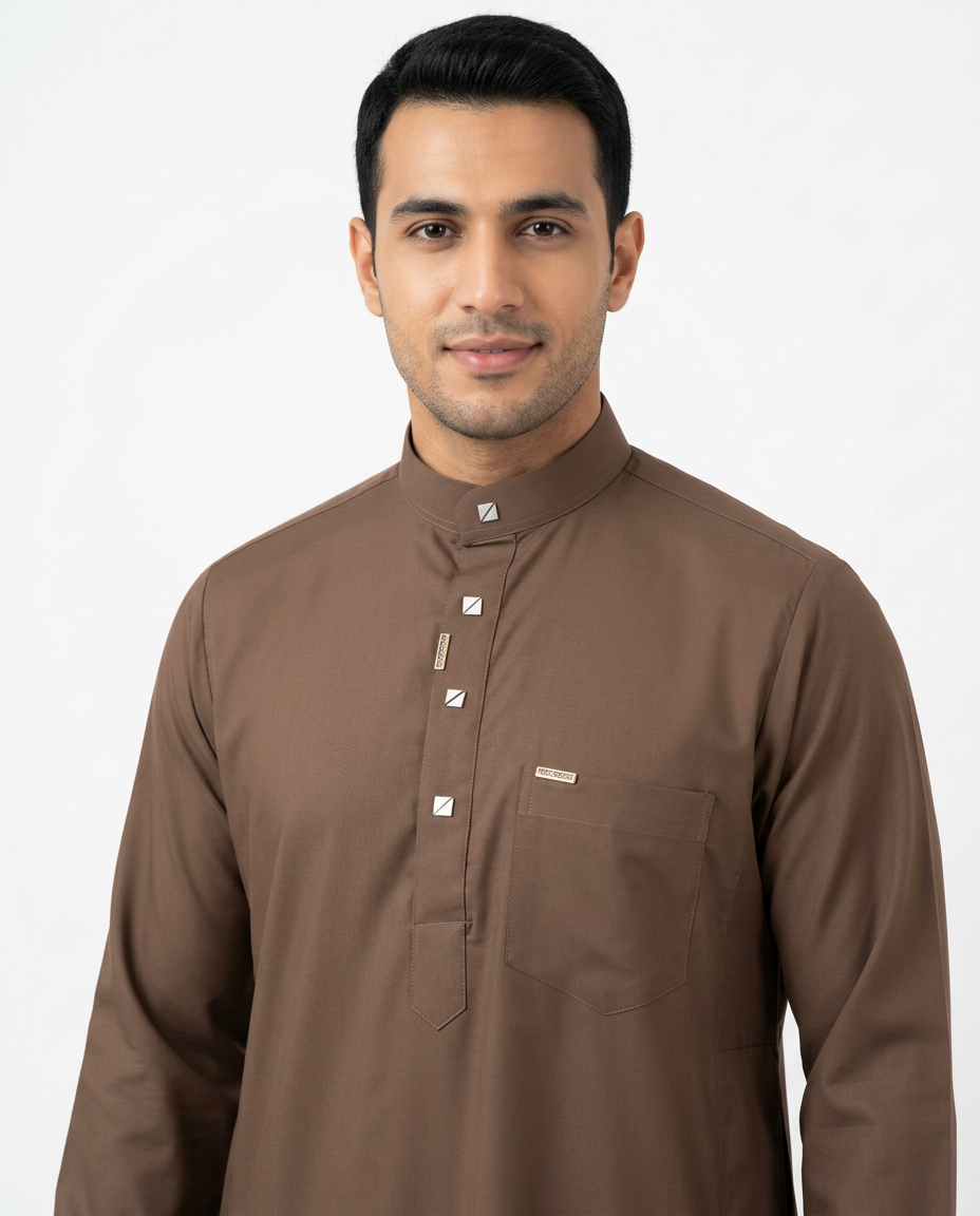 Saudi Collar Thobe Clip - Premium TR Fabric - Brown