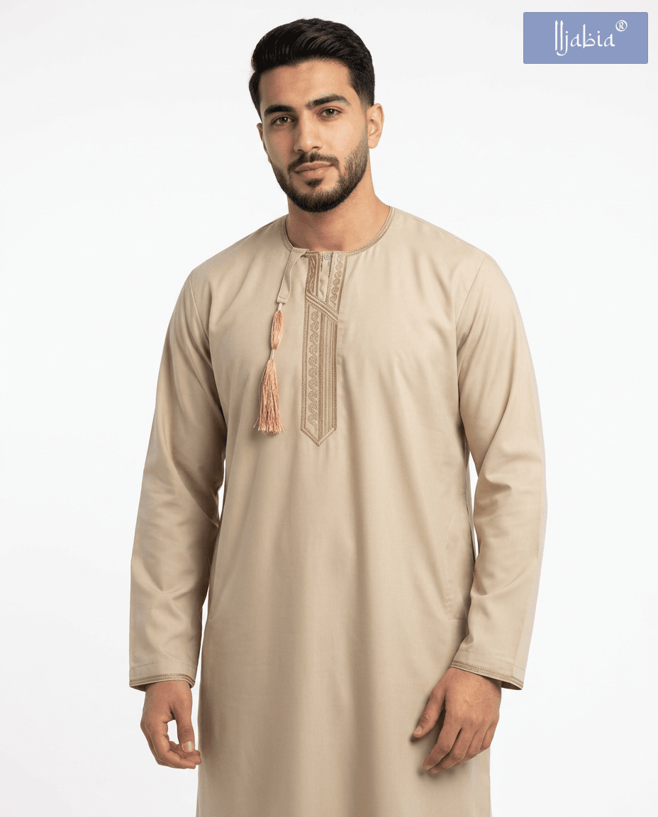 Taj Omani Dishdasha Full Sleeves- (Design 3) - Camel