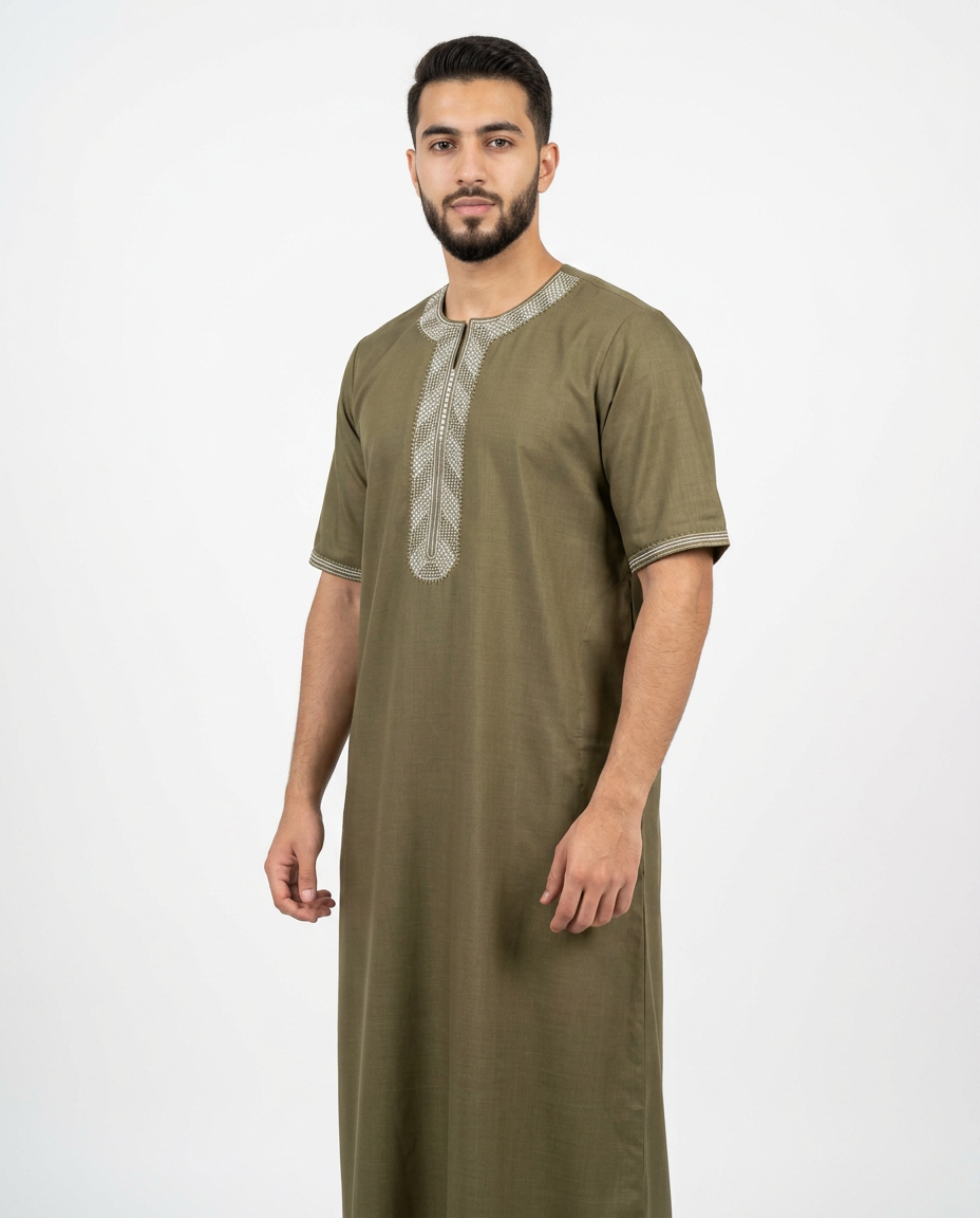Moroccan Embroidery Mens Thobe - 3/4th Sleeve Olive Green