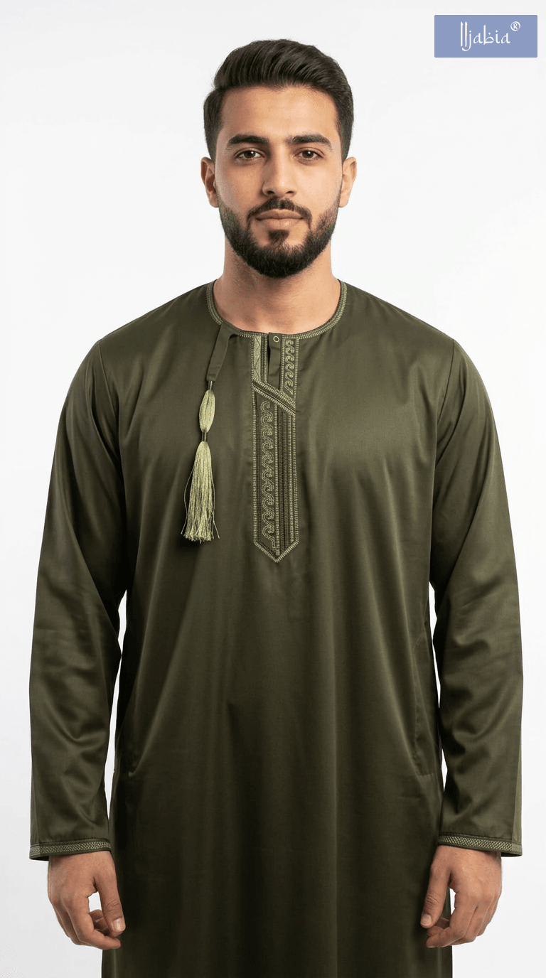Taj Omani Dishdasha Full Sleeves  Design 3 - Olivegreen
