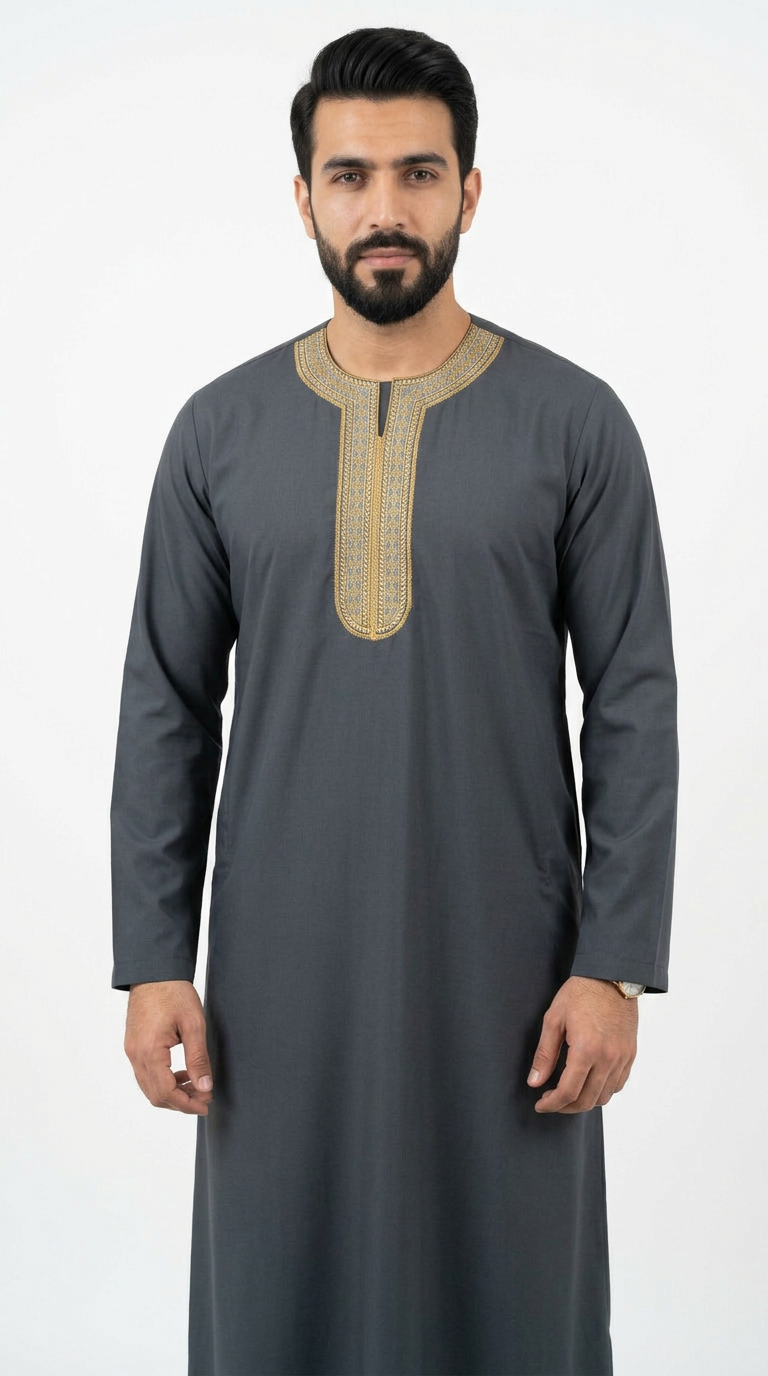 Moroccan Embroidery Mens Thobe - Full Sleeves - Dark Grey