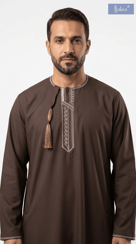 Taj Omani Dishdasha Full Sleeves- (Design 3) - Brown