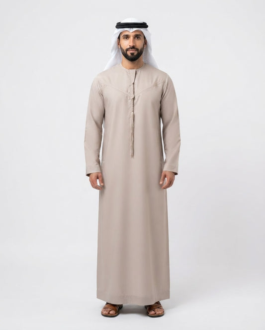 Emirati Mens Omani Thobe - (Embroidery Design 1) - Camel