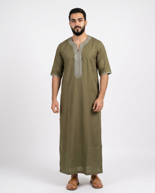 Moroccan Embroidery Mens Thobe - 3/4th Sleeves - Model 8 - IIJM8-9