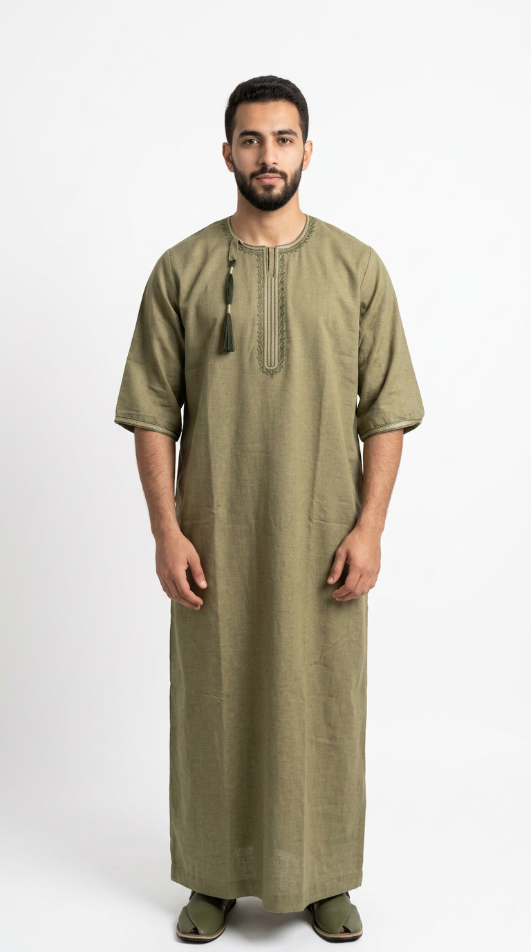 Taj Omani Thobe - 3/4 Sleeves - Olive Green