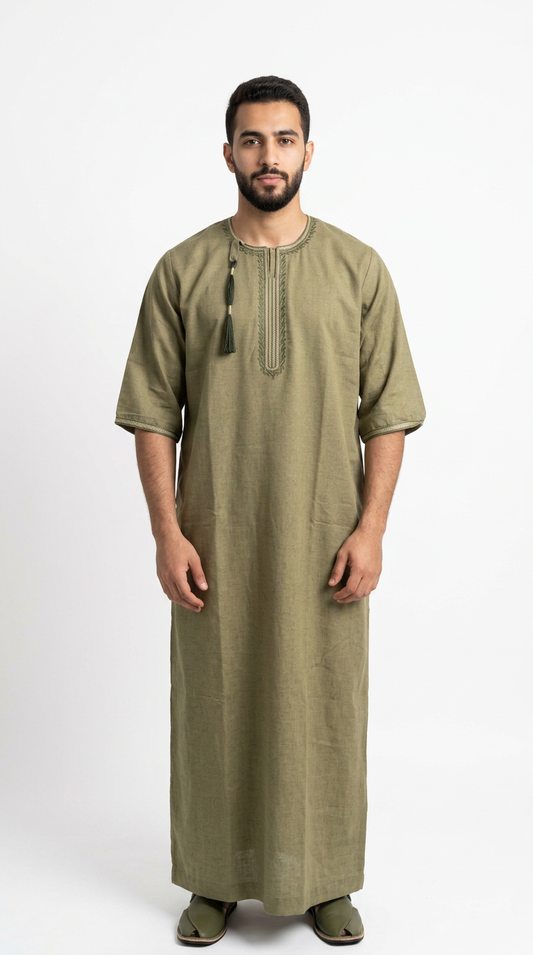 Taj Omani Thobe - 3/4 Sleeves - Olive Green