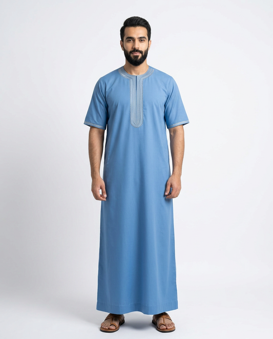 Moroccan Embroidery Mens Thobe - 3/4th Sleeve Sky Blue