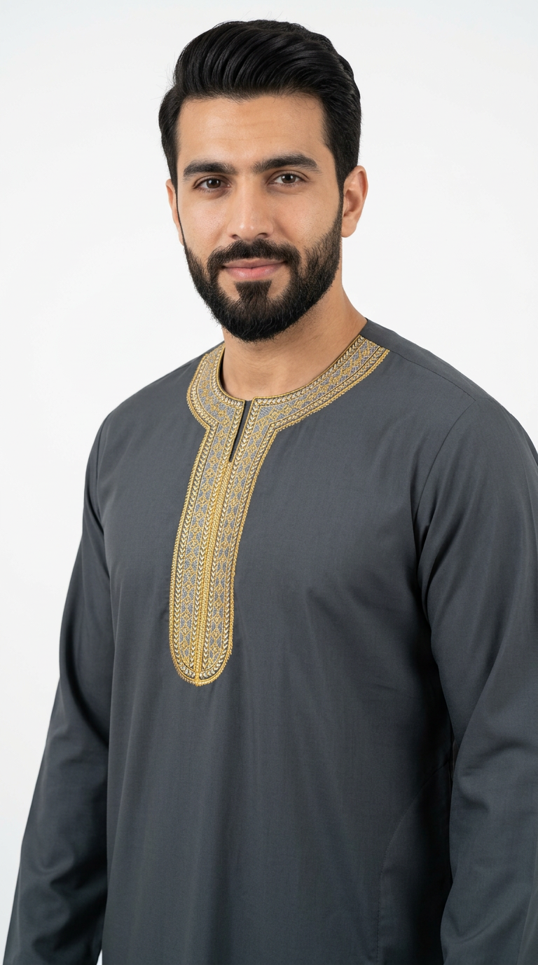 Moroccan Embroidery Mens Thobe - Full Sleeves - Dark Grey