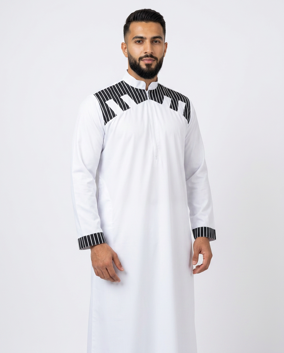 Imported Vietnam Shiny Fabric Mens Collar Thobe - Full Sleeves - White