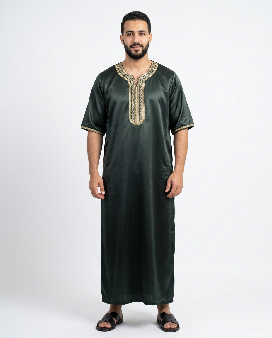 Indian Shiny Fabric Morocco Thobe - 3/4 Sleeves - Best - Black 1
