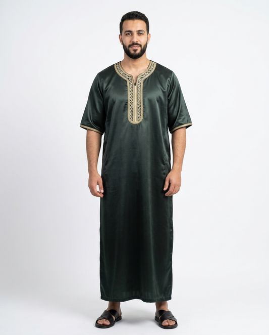 Indian Shiny Fabric Morocco Thobe - 3/4 Sleeves - Best - Black 1