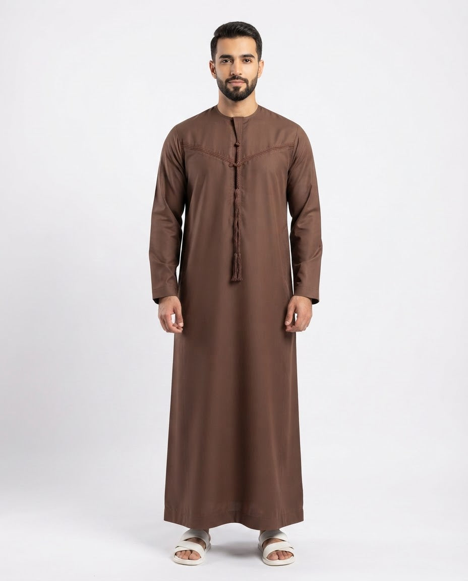 Emirati Mens Omani Thobe - (Embroidery Design 1) - Brown