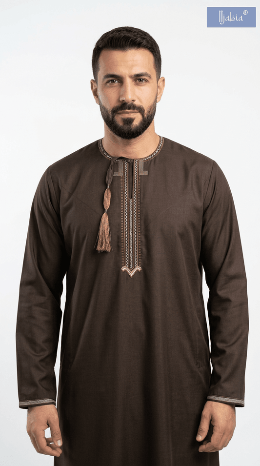 Taj Omani Dishdasha Full Sleeves- (Design 1) - Brown