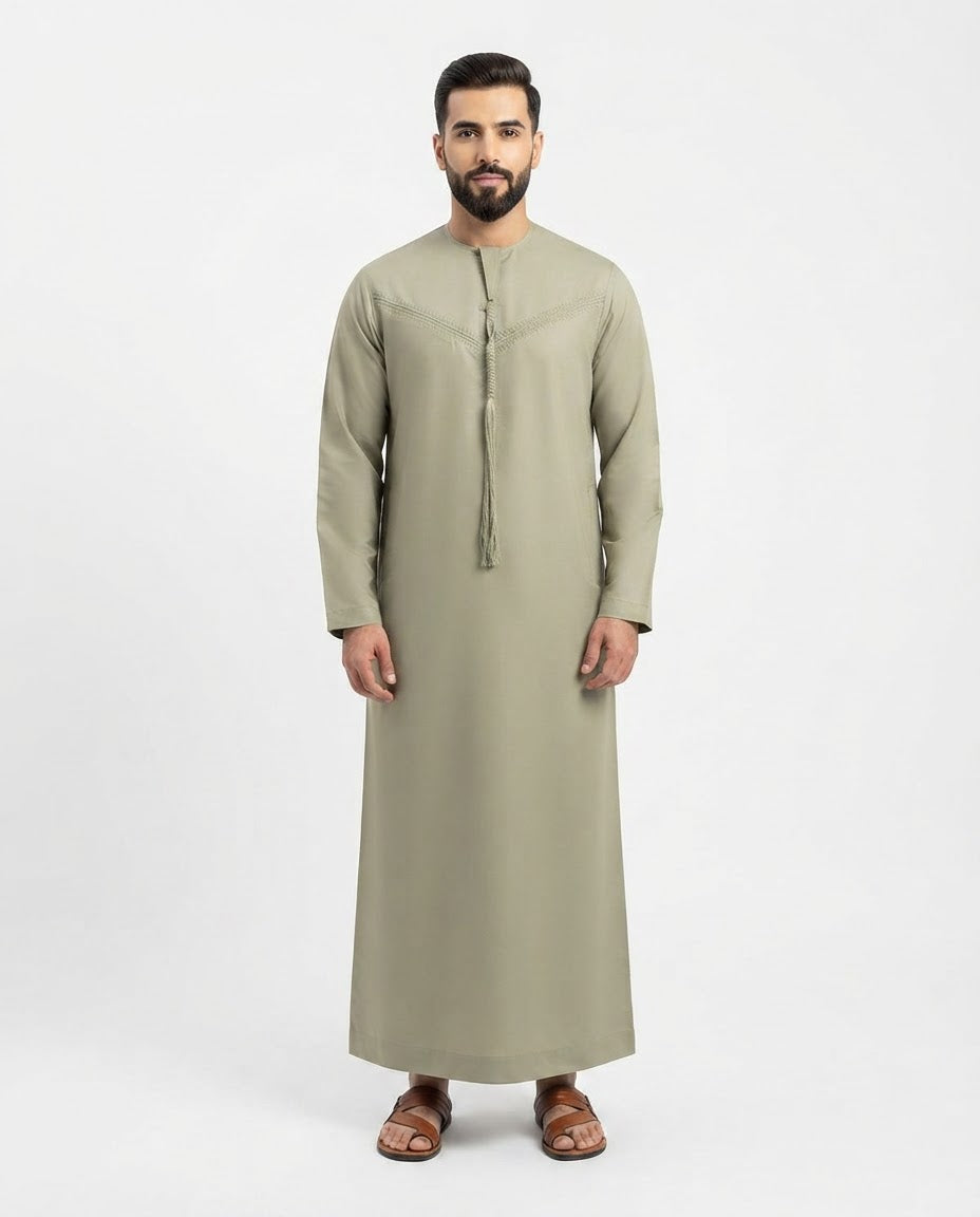 Emirati Mens Omani Thobe - (Embroidery Design 1) -  Olive Green