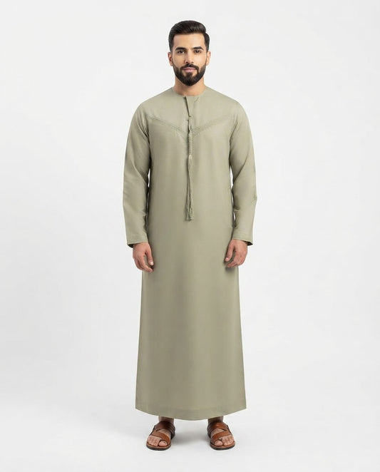Emirati Mens Omani Thobe - (Embroidery Design 1) -  Olive Green