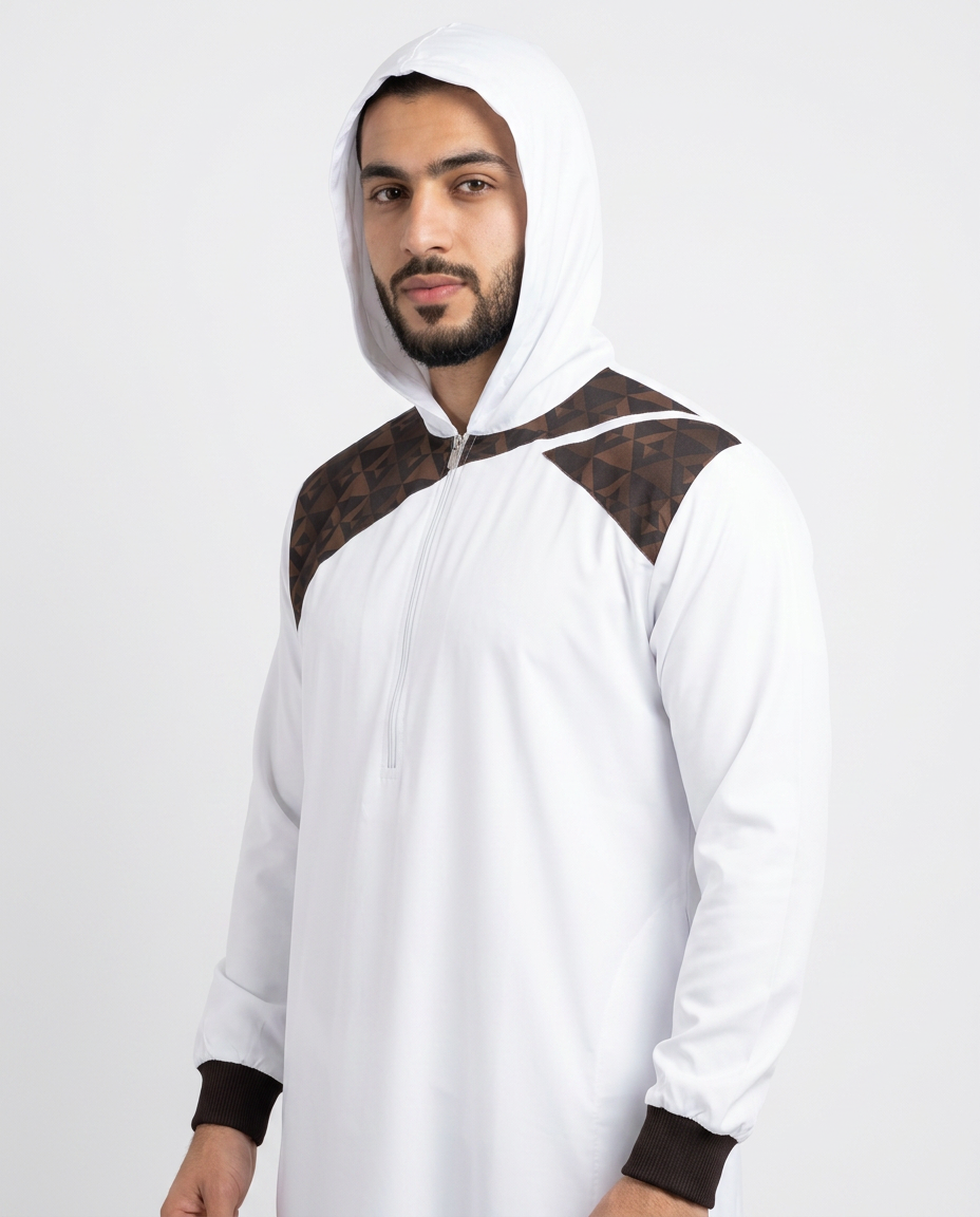 Imported Vietnam Shiny Fabric Mens Hood Thobe - Full Sleeves - White