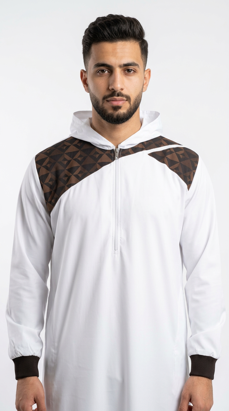 Imported Vietnam Shiny Fabric Mens Hood Thobe - Full Sleeves - White