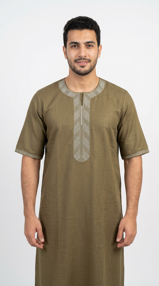 Moroccan Embroidery Mens Thobe - 3/4th Sleeve Olive Green