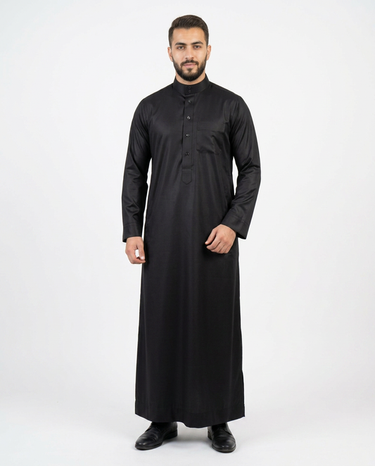 Imported Vietnam Shiny Fabric Mens Collar Thobe - Full Sleeves - Black