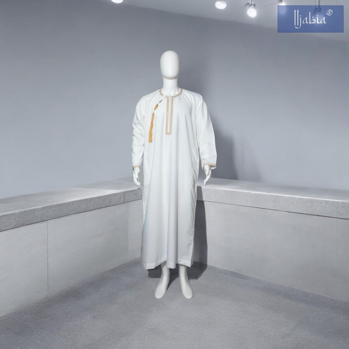 Mens Embroidery Thobe - Full Sleeves - Qutub - White - IIJABIA