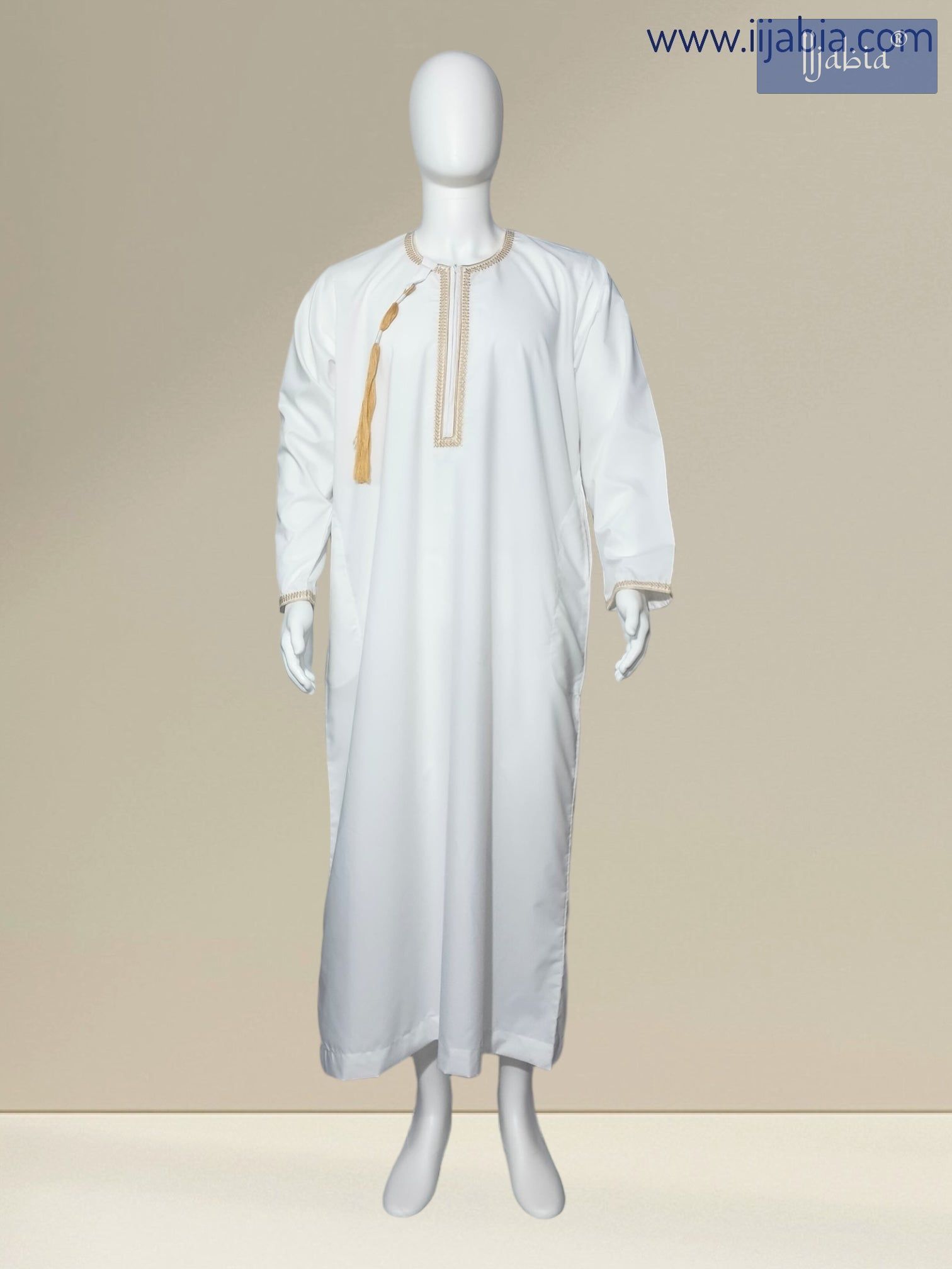 Mens Embroidery Thobe - Full Sleeves - Qutub - White - IIJABIA