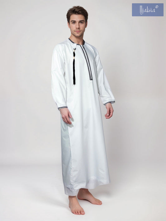 Mens Embroidery Thobe - Full Sleeves - Qutub - White with Black Tassel - IIJABIA