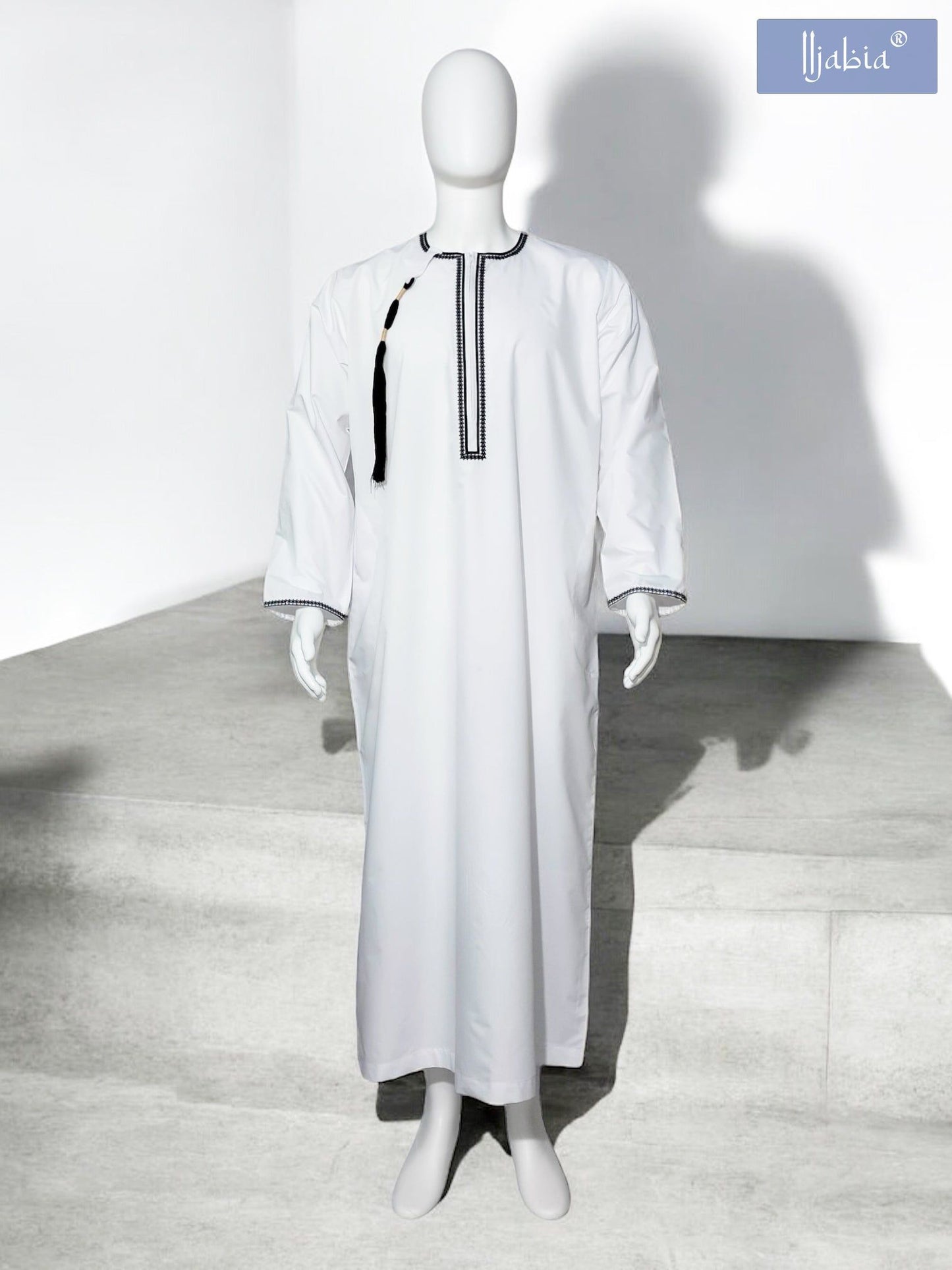 Mens Embroidery Thobe - Full Sleeves - Qutub - White with Black Tassel - IIJABIA