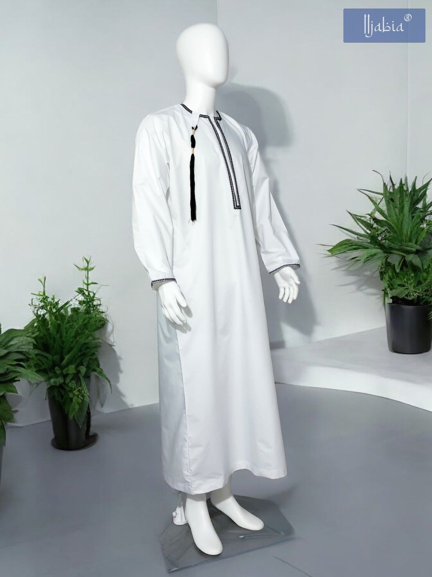 Mens Embroidery Thobe - Full Sleeves - Qutub - White with Black Tassel - IIJABIA