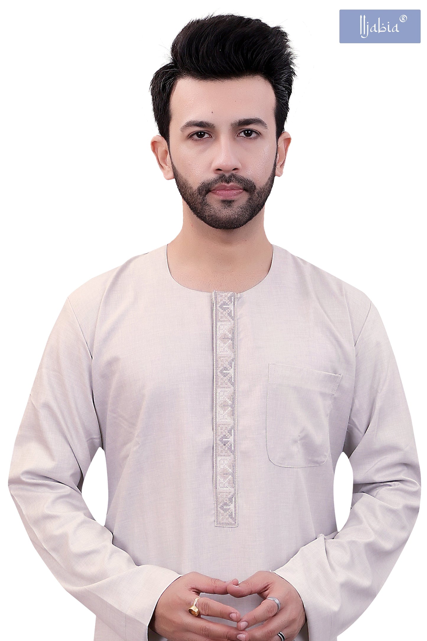Mens Placket Jamil Embroidery Thobe - Full Sleeves - Light Grey - IIJABIA