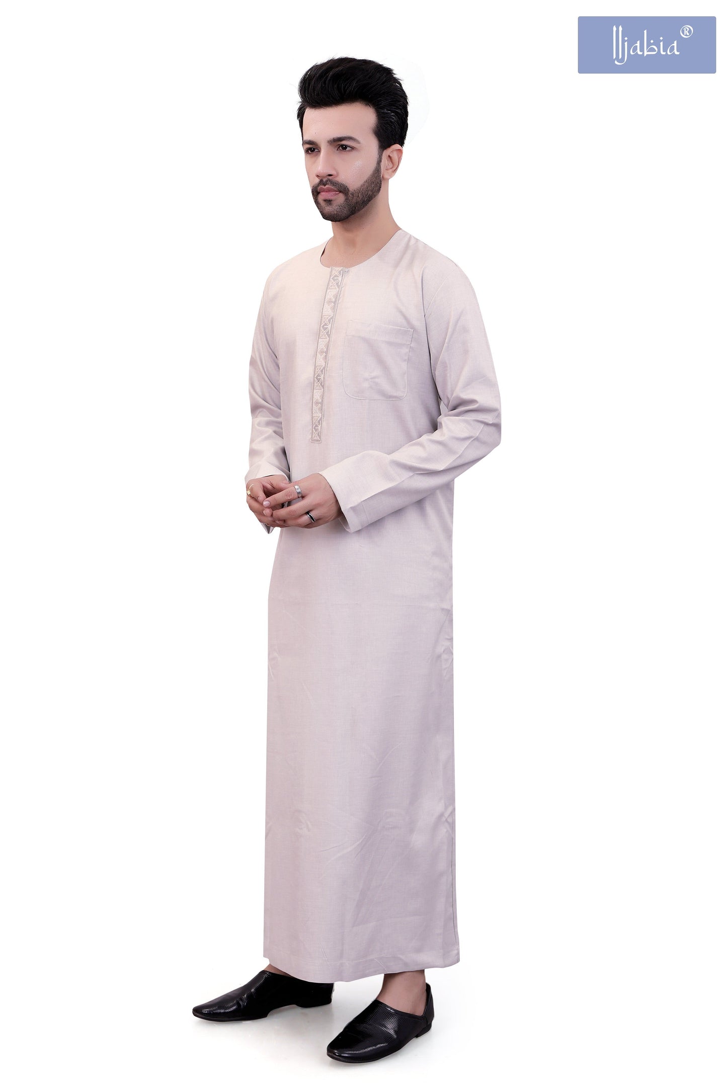 Mens Placket Jamil Embroidery Thobe - Full Sleeves - Light Grey - IIJABIA