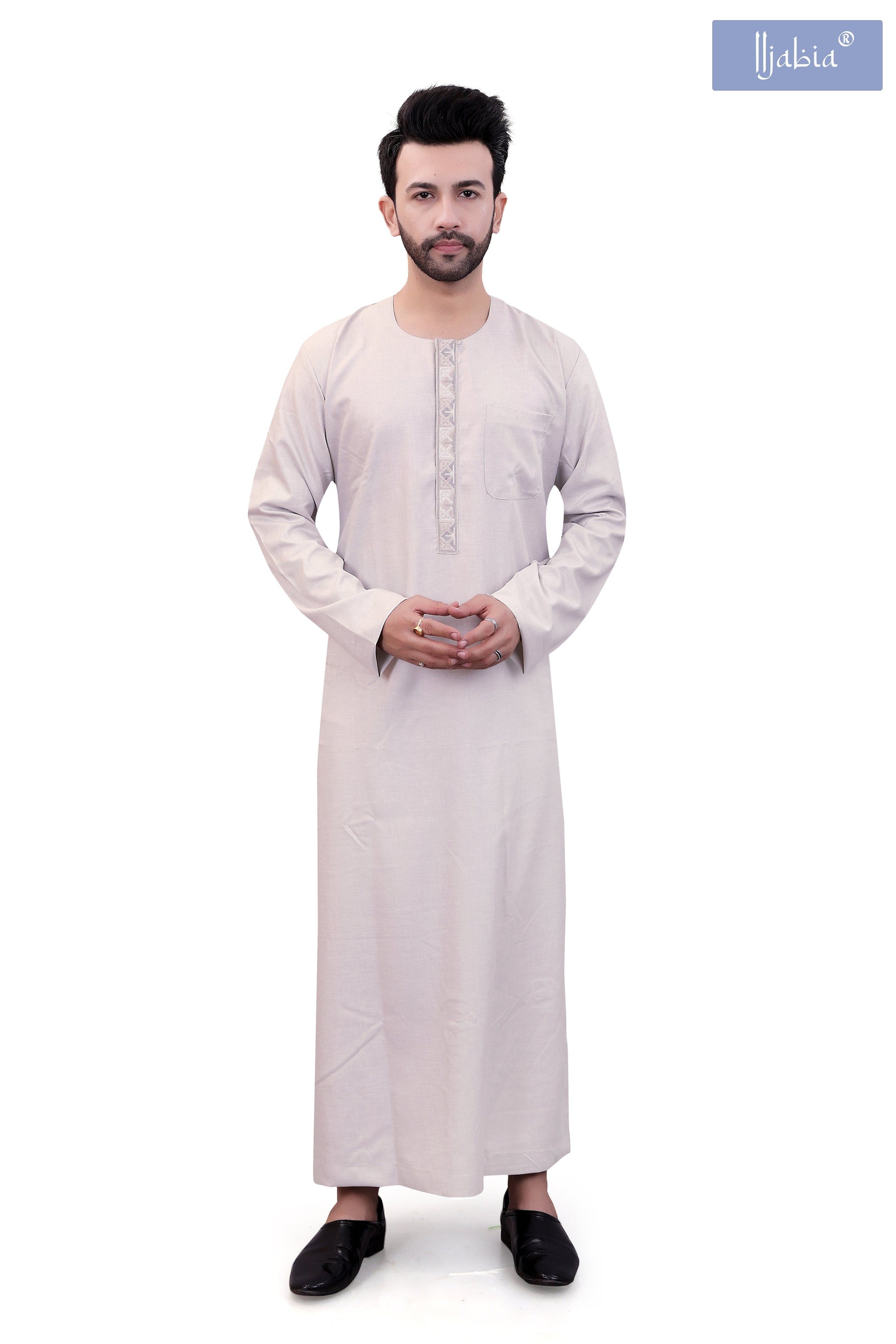 Mens Placket Jamil Embroidery Thobe - Full Sleeves - Light Grey - IIJABIA