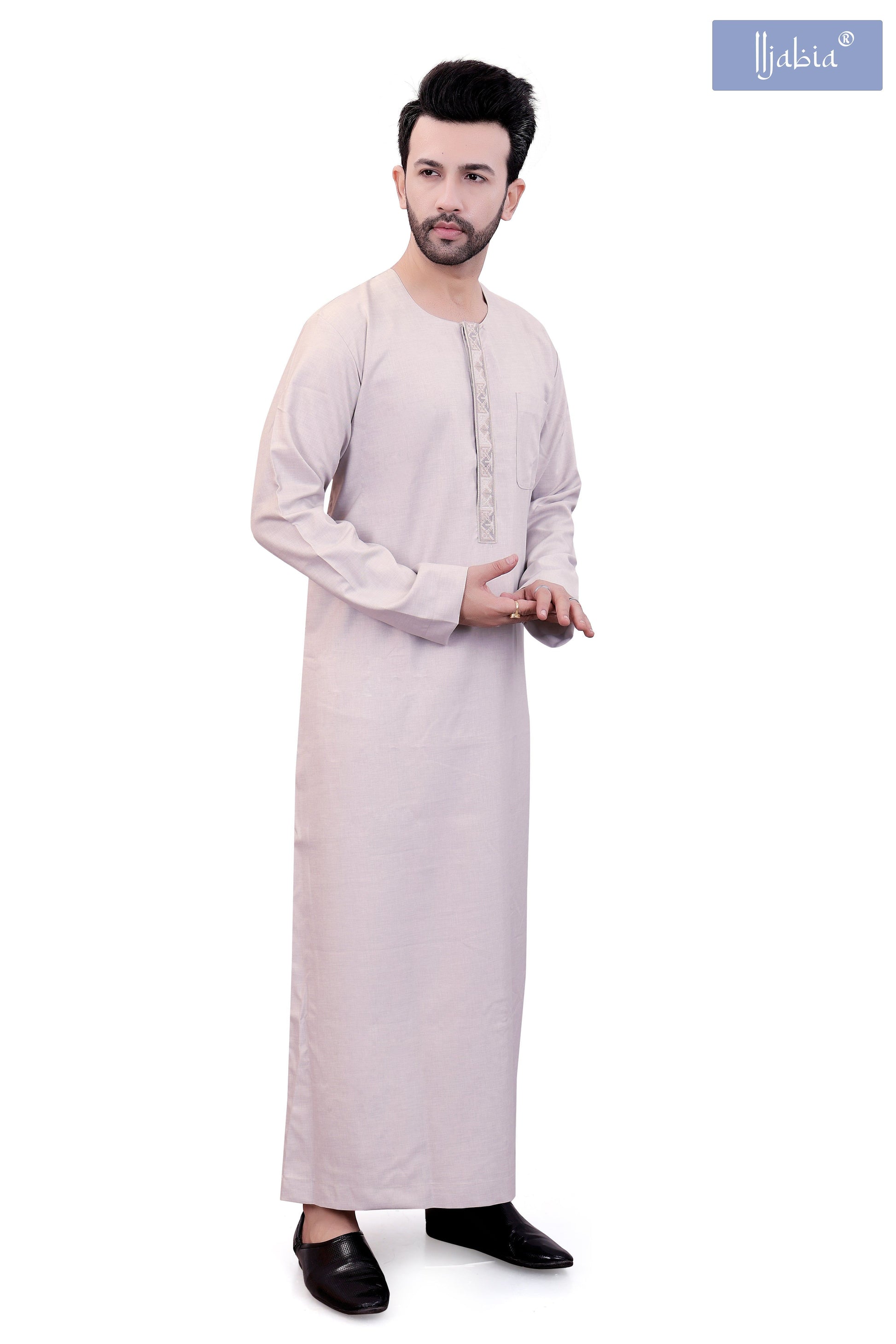 Mens Placket Jamil Embroidery Thobe - Full Sleeves - Light Grey - IIJABIA