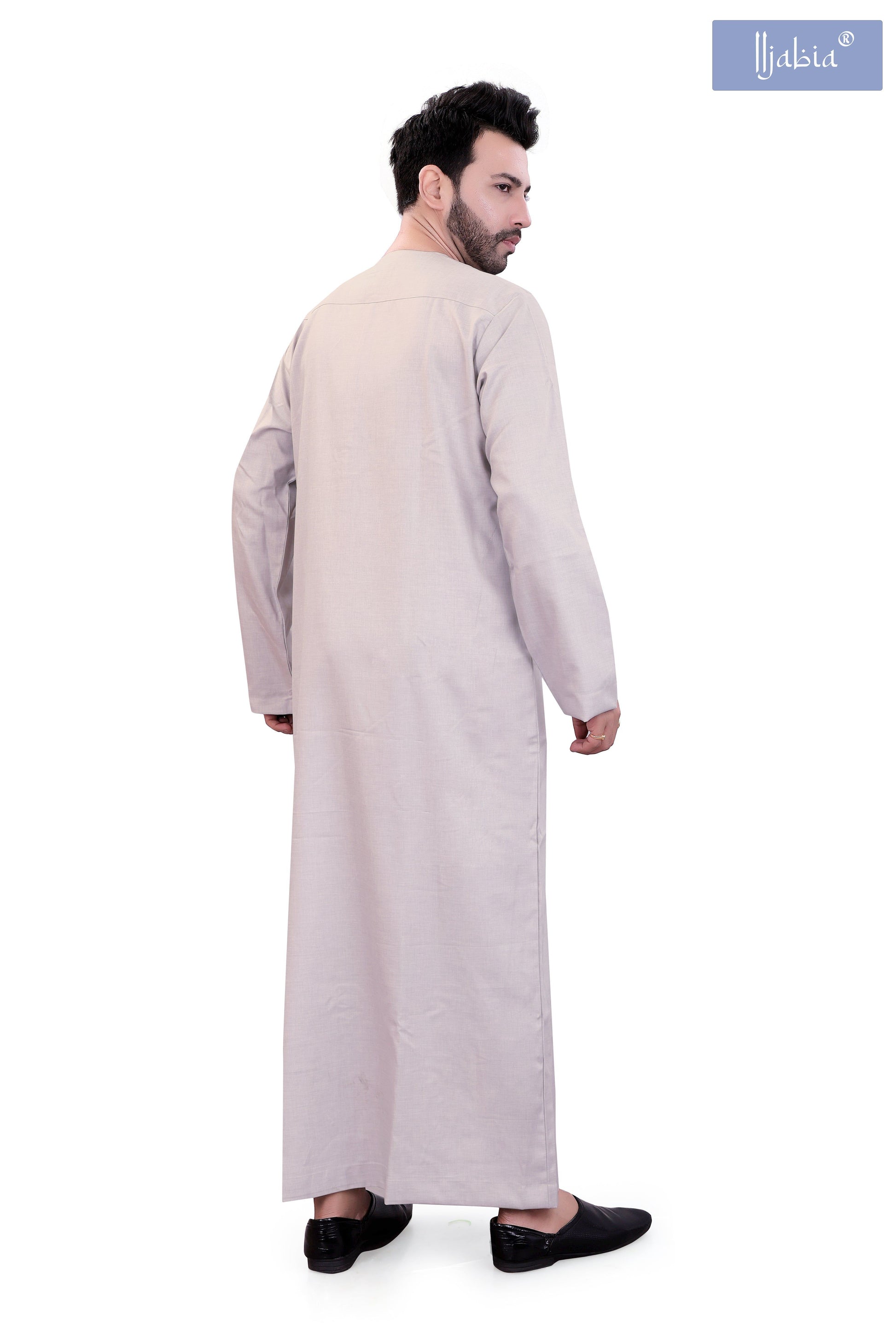 Mens Placket Jamil Embroidery Thobe - Full Sleeves - Light Grey - IIJABIA