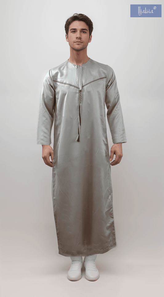 Emirati Mens Omani Thobe - Indian Shiny - Contrast embroidery - Aameen