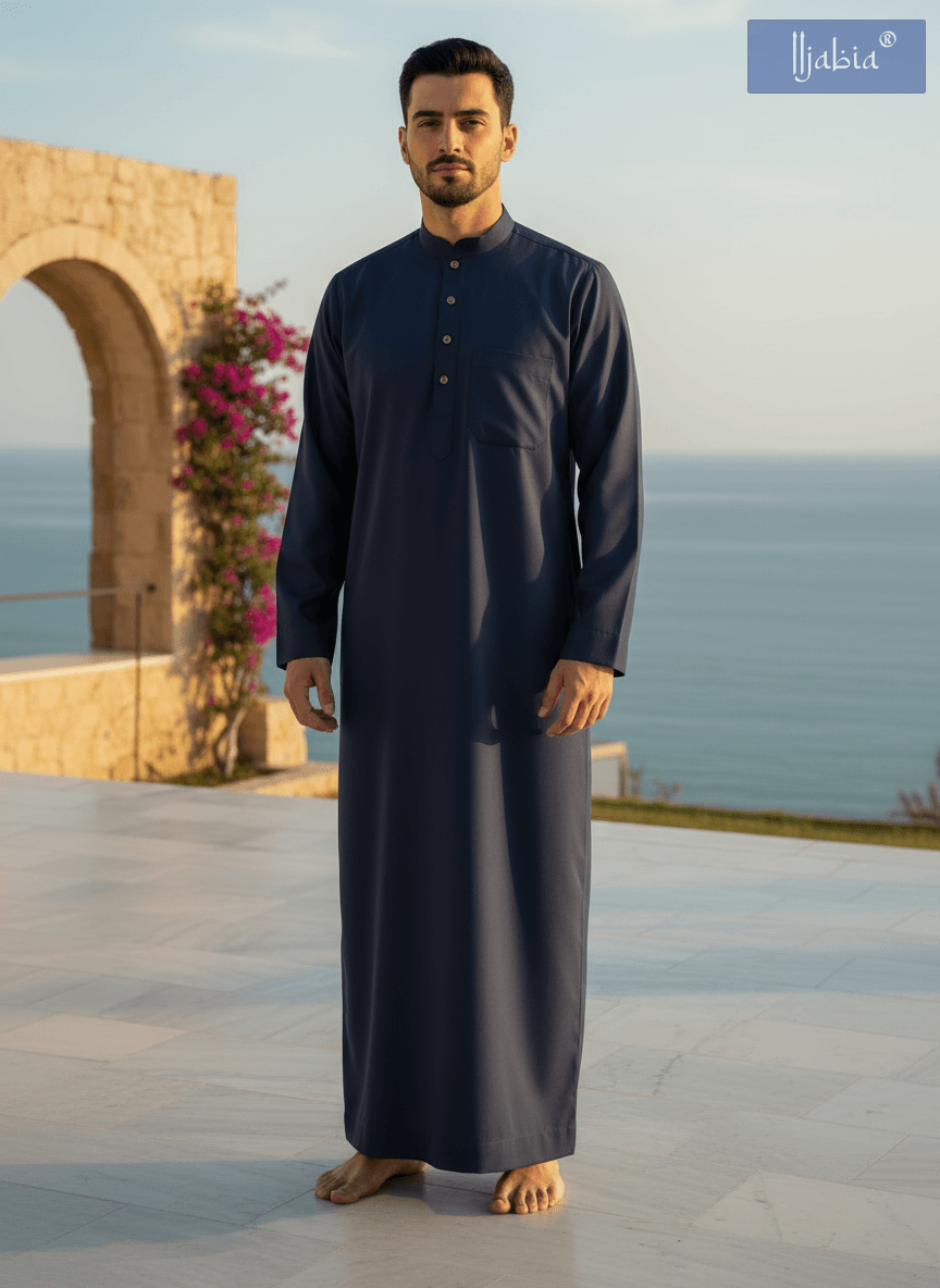 Saudi Collar Thobe - Premium TR Fabric - Navy Blue