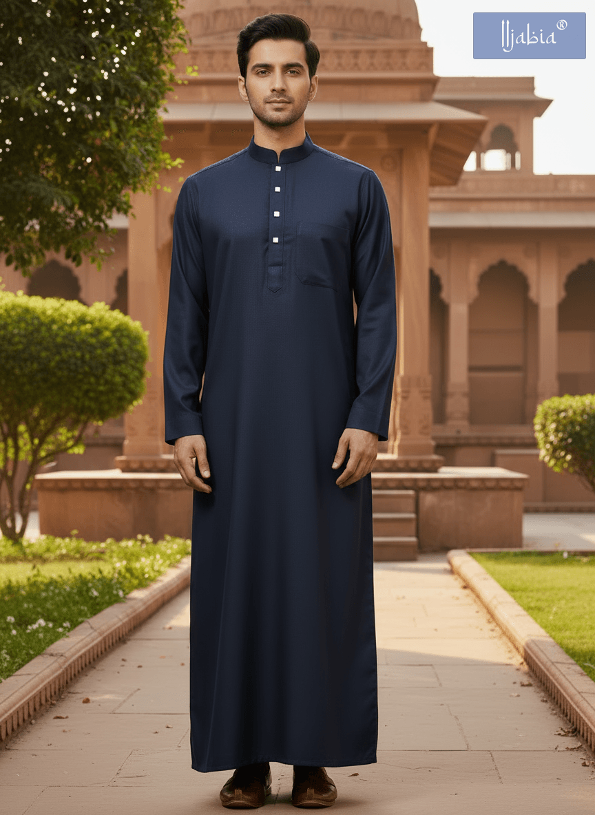 Saudi Collar Thobe - Premium TR Fabric - Navy Blue