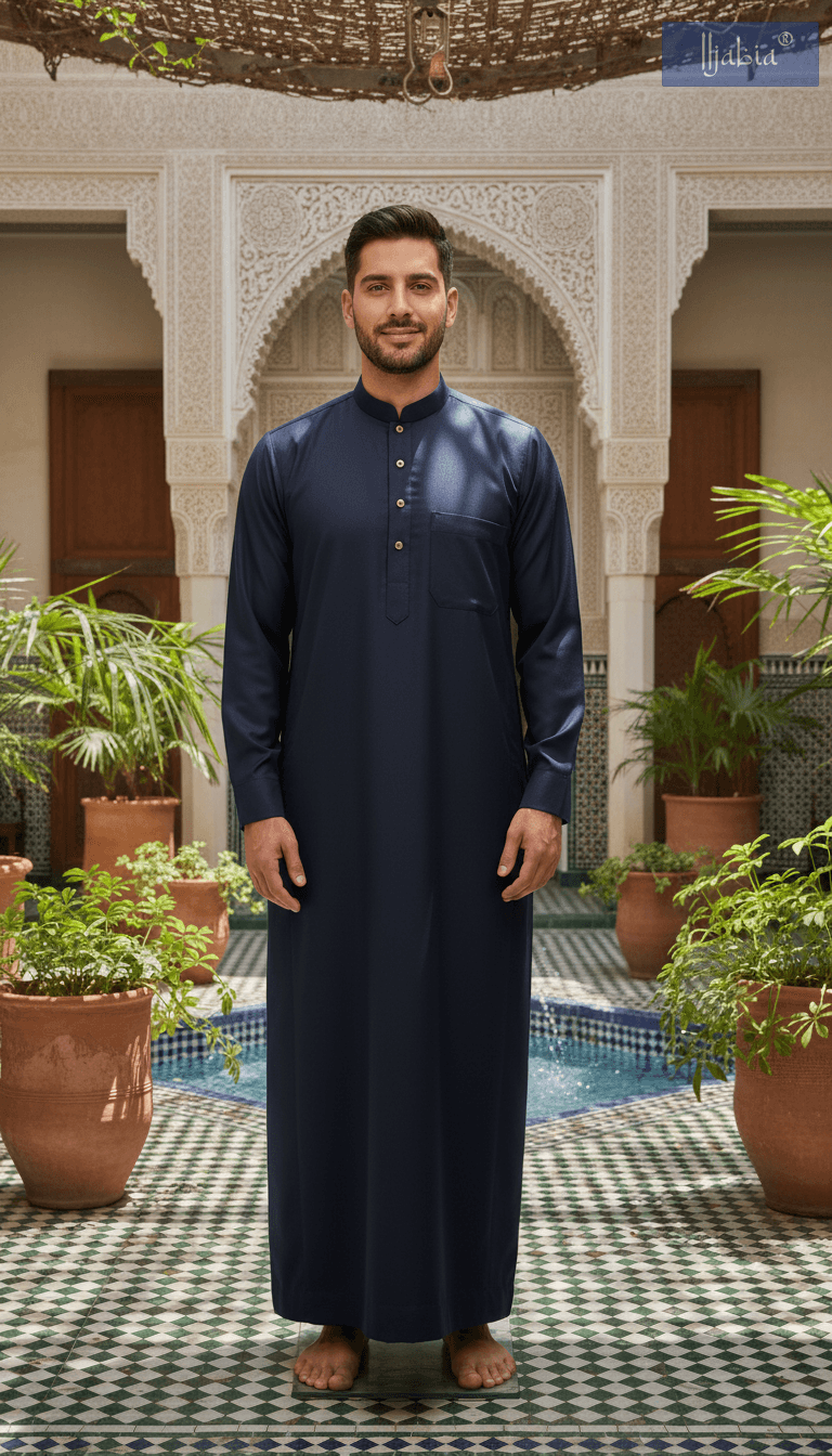 Saudi Collar Thobe - Premium TR Fabric - Navy Blue